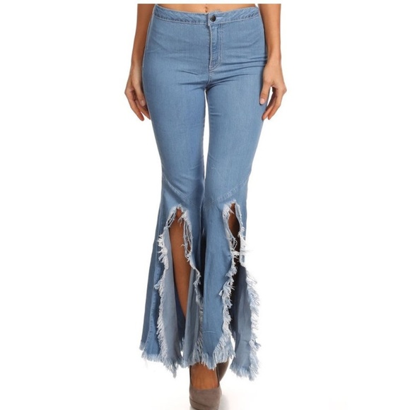 Vintage Flared Slit Bell Bottom Jeans Hippie Denim Pants - Picture 6 of 6